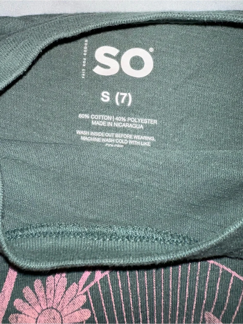 SO Green Tee with Pink and Blue Floral Cat Graphic